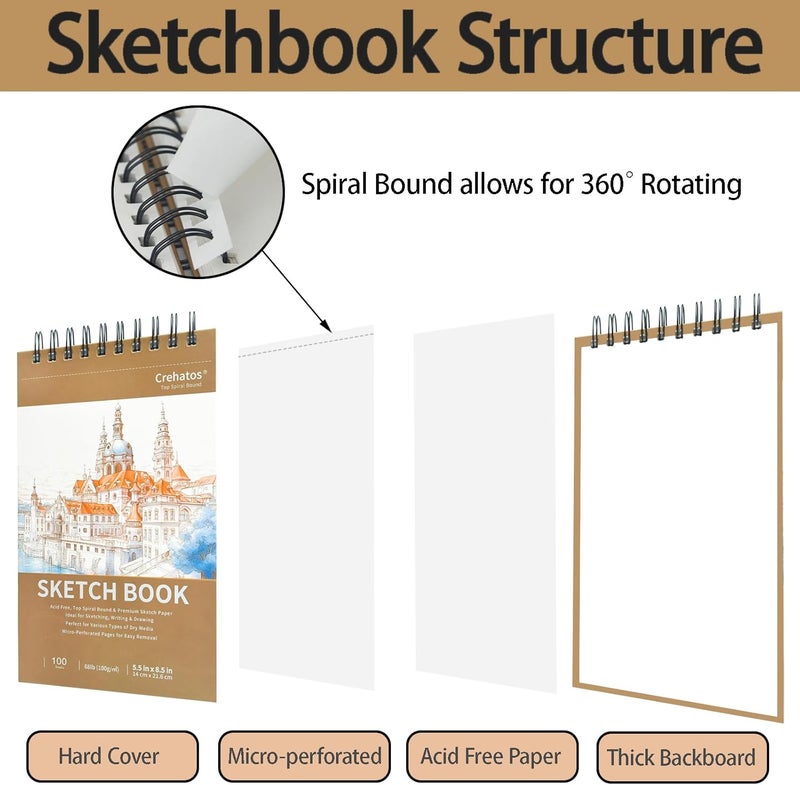 Crehatos 5.5" x 8.5" Small Sketch Book, Top Spiral Bound Sketch Pad, 100 Sheets Each 68lb/100gsm Drawing Paper, 2 Pack - Image 3